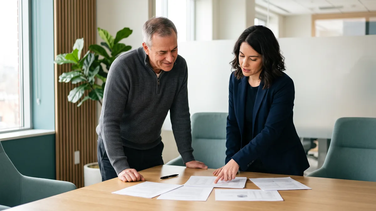 Two colleagues reviewing printed documents across a conference table while planning an IT migration