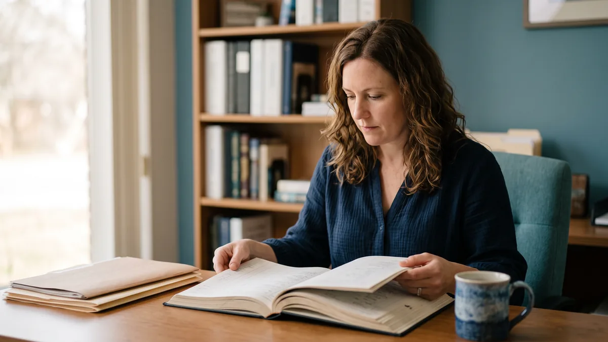 Bookkeeper in a small business office reviewing a printed financial ledger at her desk