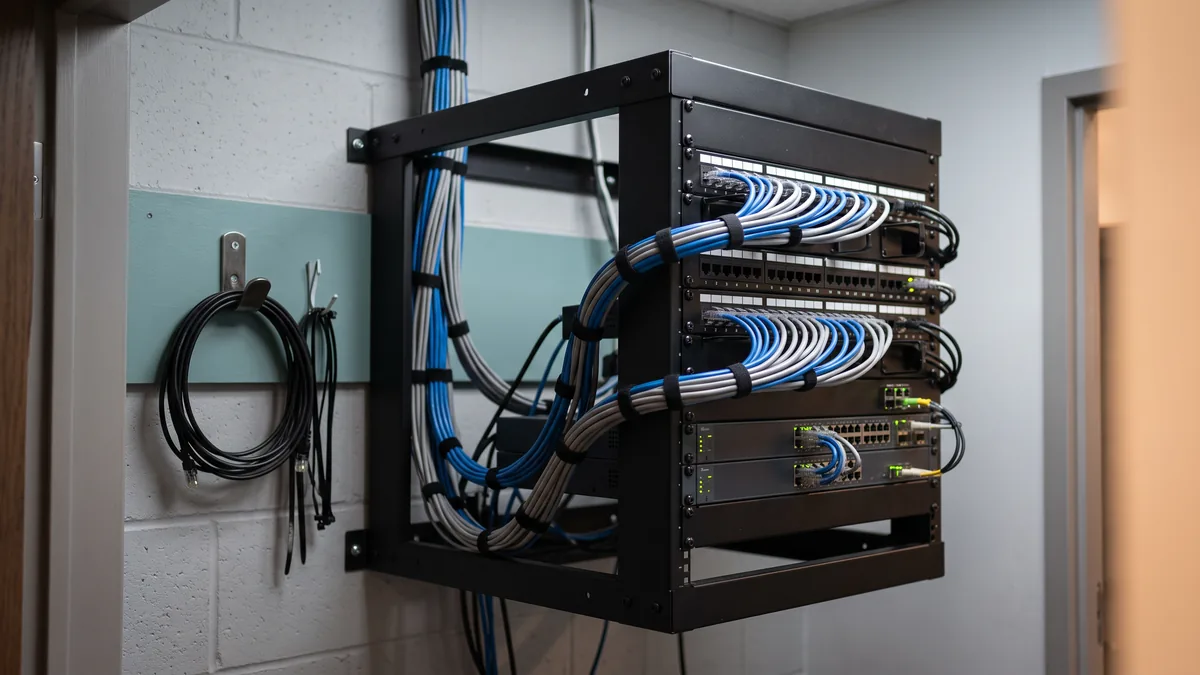 Wall mounted server rack with patch panel and neatly bundled network cables in a small office closet