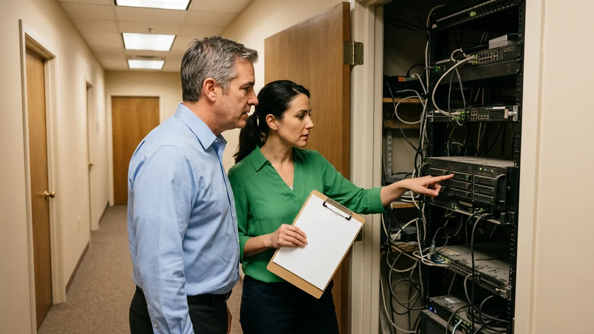 Business owner and IT consultant with a printed quote looking at a dusty rack-mounted server in a small office closet