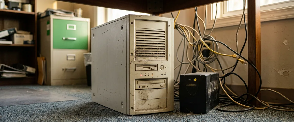Old dusty tower server and a small UPS on the floor under an office desk with tangled cables behind it