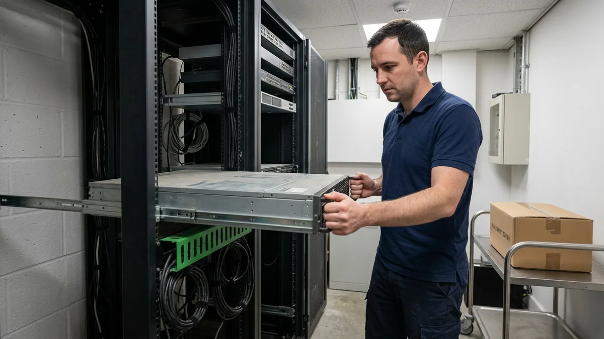 IT technician sliding an old rack server out on its rails with a boxed replacement server on a cart beside him