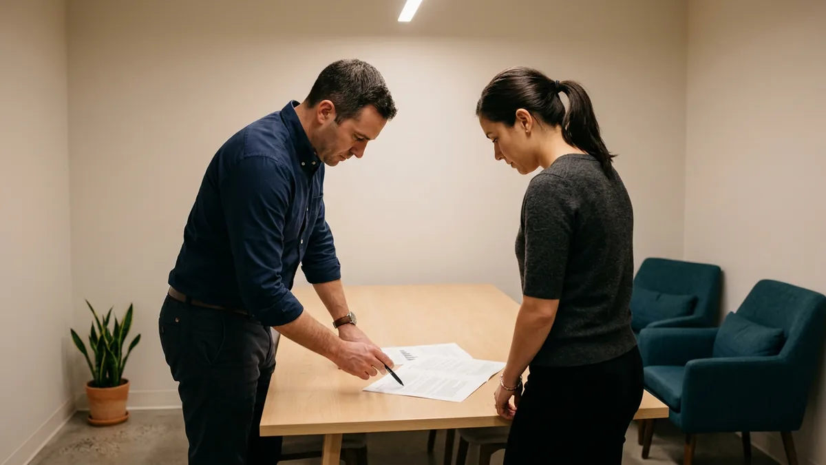 Two IT professionals reviewing a printed site build sheet on a table before standardizing a new business location