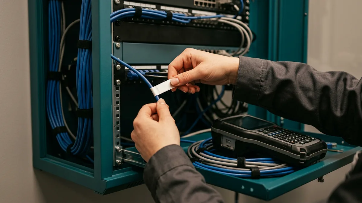 Technician labeling a network cable at a wall-mounted equipment cabinet during a multi-location IT standardization