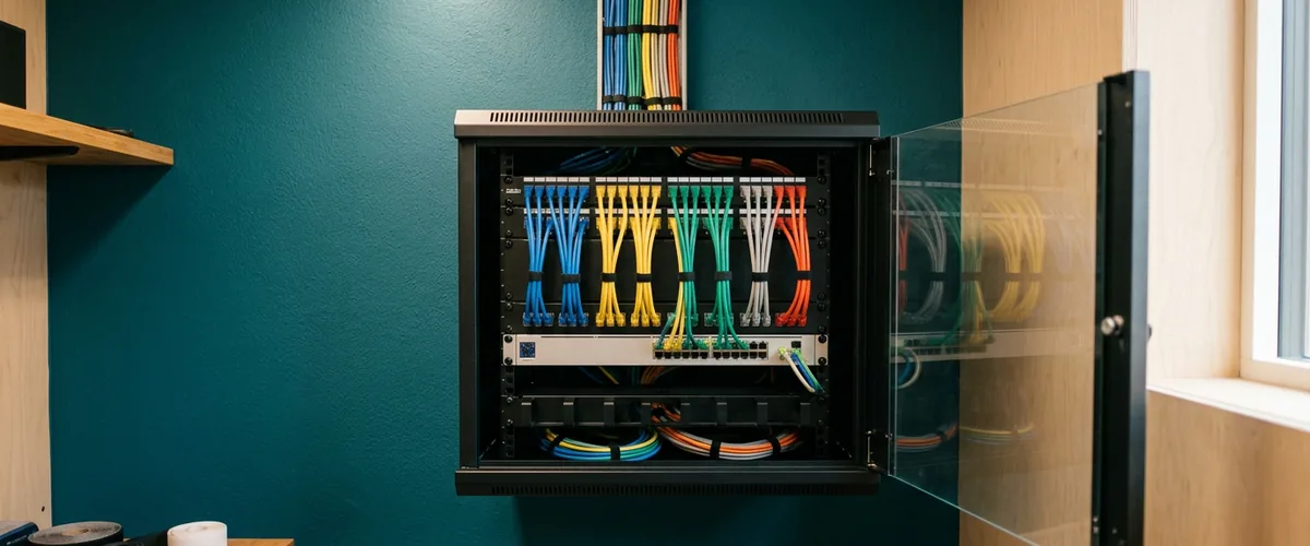 Neatly dressed and labelled structured cabling in a wall-mounted network cabinet built to a standard site template