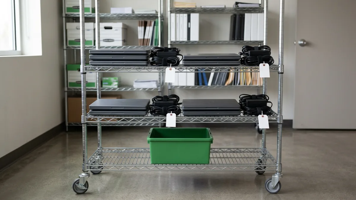 Equipment cart holding stacks of identical closed business laptops with matching chargers and blank tags