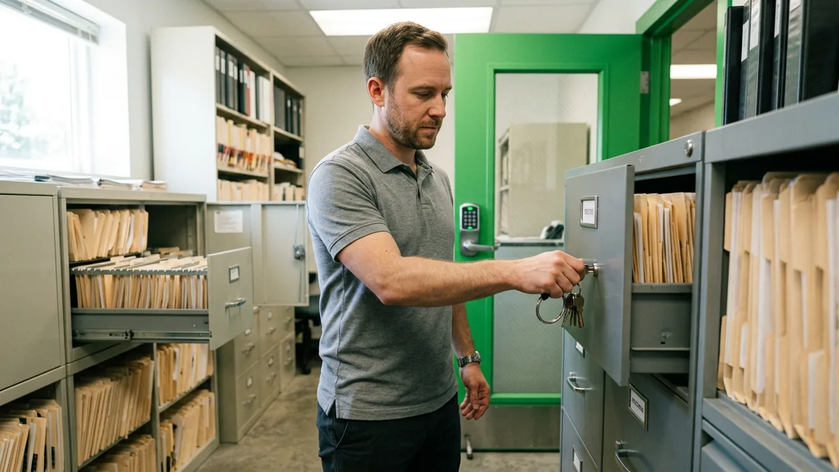 Records clerk locking a steel filing cabinet in a secure records room at a substance use treatment clinic