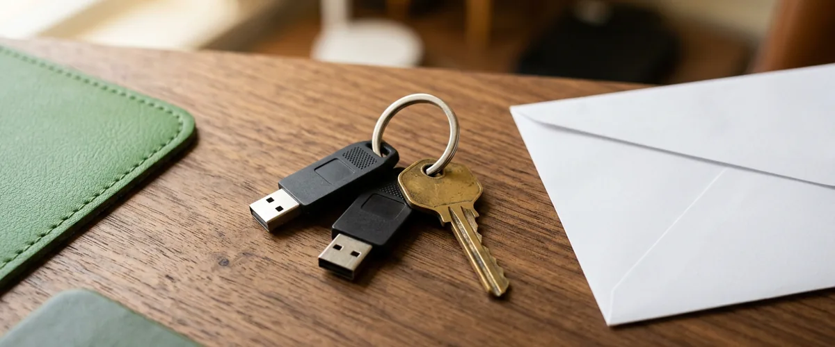 Key ring holding two black hardware security keys and a brass office key beside a sealed white envelope on a desk