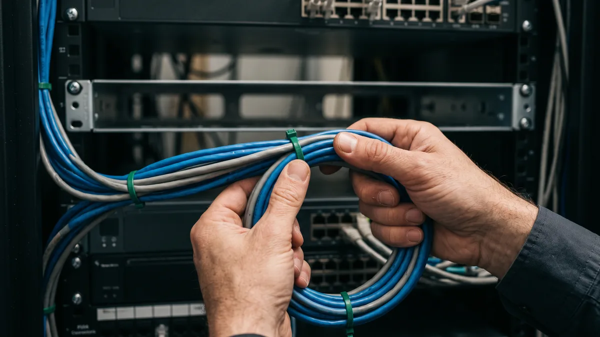 Technician hands coiling network cables in front of a half-empty server rack