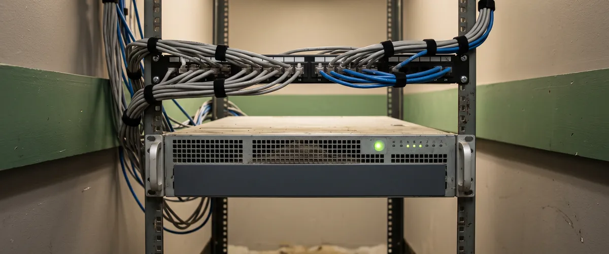 Aging rack-mounted server with a green status light in a small business server closet