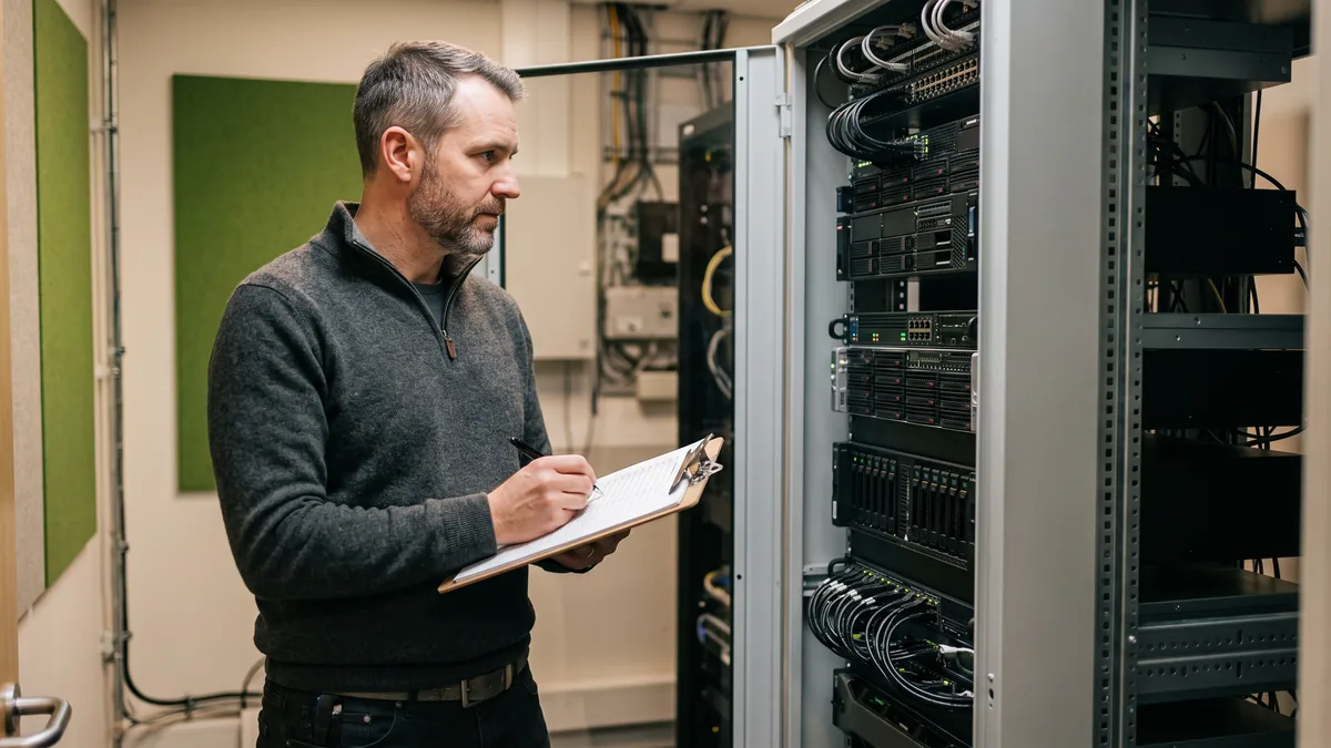 IT engineer writing on a printed checklist beside an open server rack