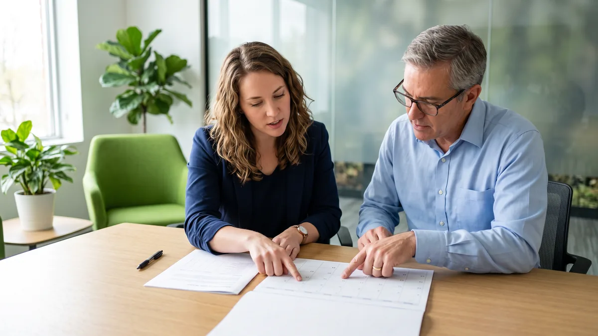 Two colleagues pointing at a printed wall calendar while planning a server migration timeline