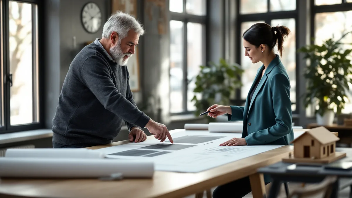 Architecture firm owner and IT consultant comparing three printed plan options side by side at a drafting table