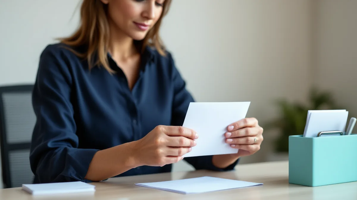 Insurance agency employee at her desk holding a plain white envelope beside a teal desk organizer