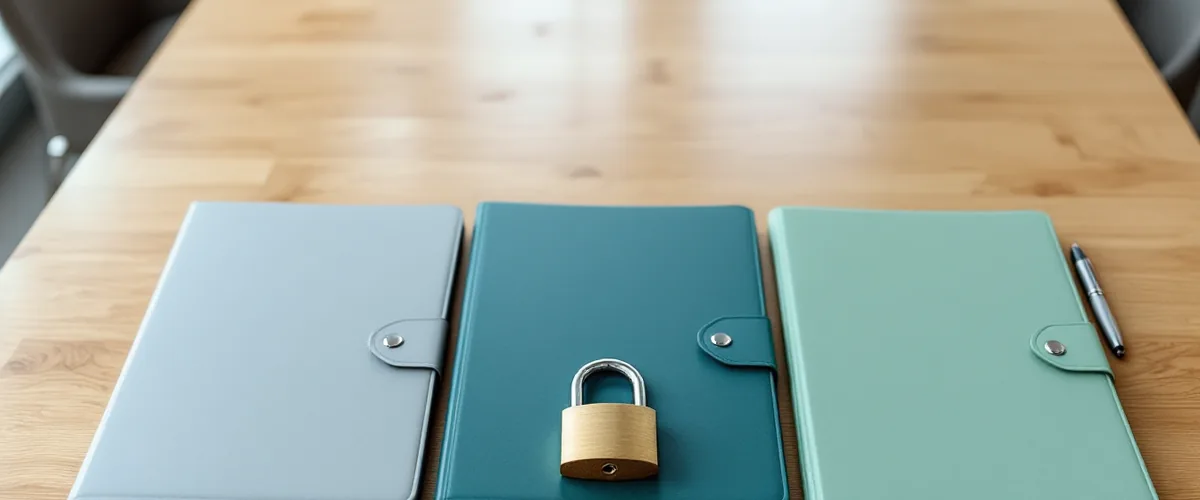 Three plain folders in gray, teal and green on a conference table with a brass padlock resting on the teal folder