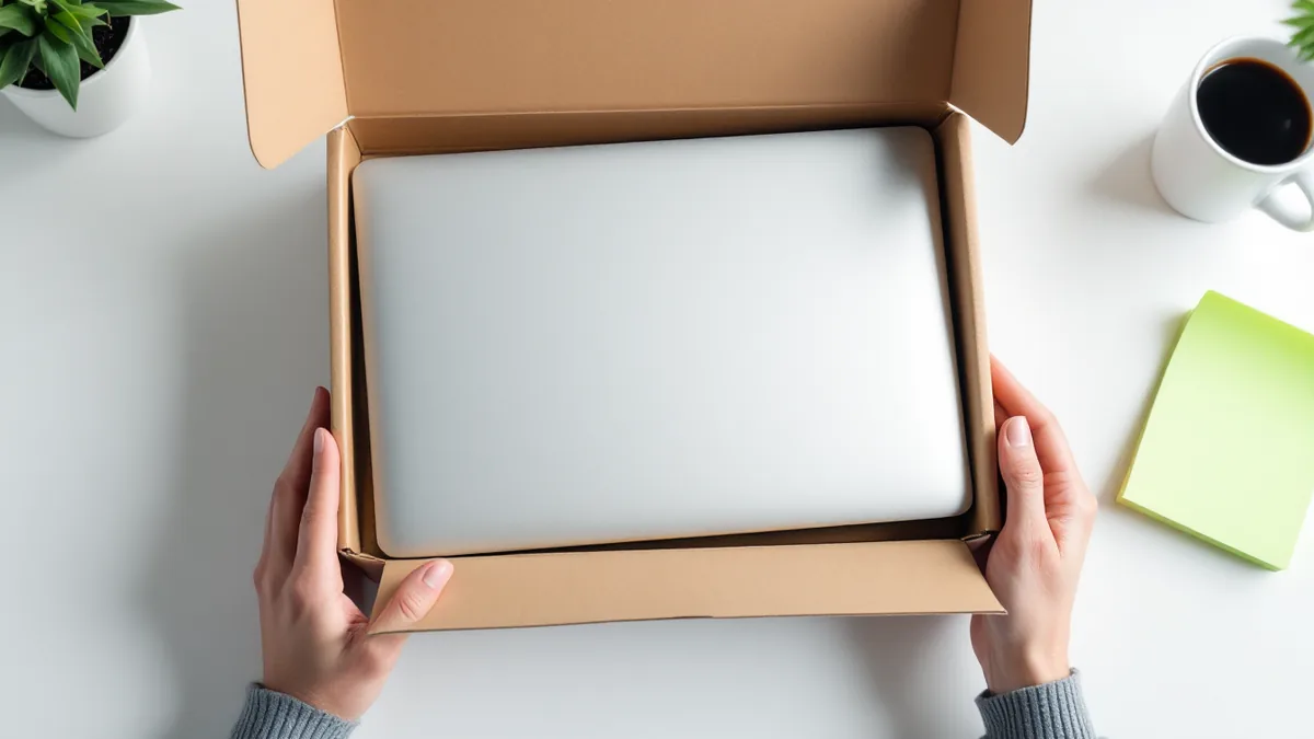 New company laptop with its lid closed in an open shipping box, ready for first-time setup